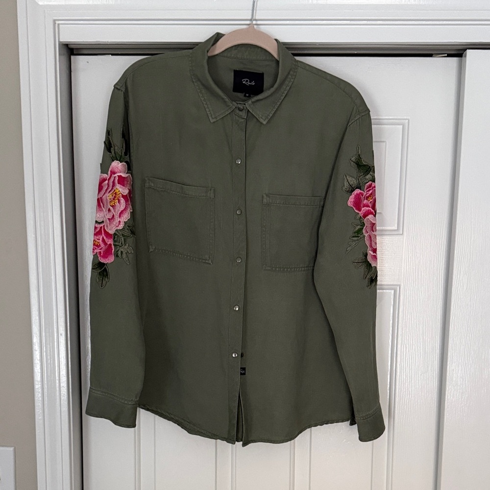 Rails Khaki Shirt with Pink Floral Details